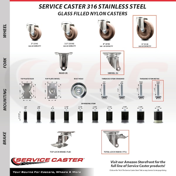 Service Caster 5 Inch 316SS High Temp Glass Filled Nylon 12mm Stem Caster Total Lock Brake SCC-SS316TSTTL20S514-GFNSHT-M1215 - main